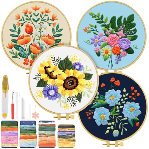 TINDTOP 4 Sets Embroidery Kit for Adults, Floral Embroidery Practice Kit for Beginners Include Embroidery Cloth Hoops Threads for Craft Lover Hand Stitch with Embroidery Skill Techniques - color: Flowers