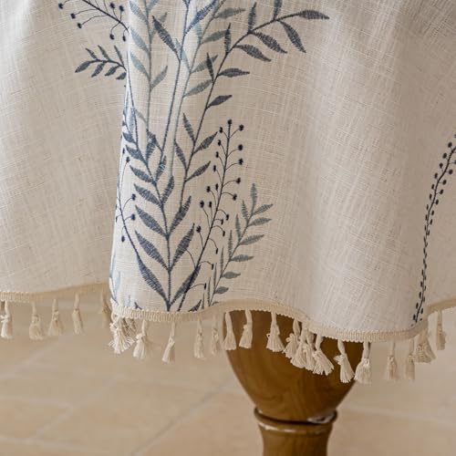 Joyfol Day Rustic Waterproof Linen Round Tablecloth, Heavy Weight Fern Embroidery Table Cloths for Round Tables, Farmhouse Spill-Proof Table Covers with Tassels, Blue, 55 inch - color: Blue Fern, size: 55" (Round)