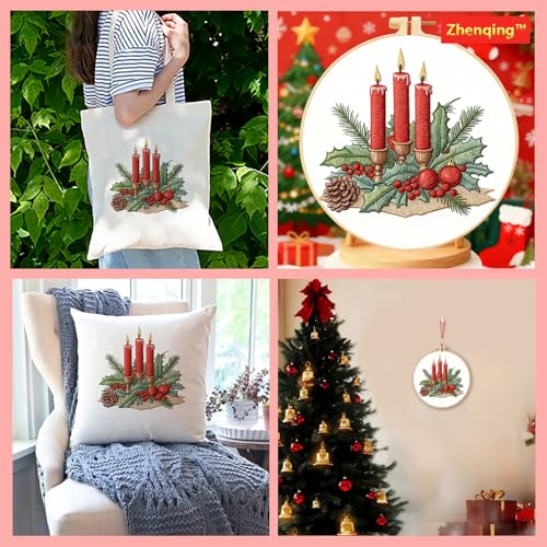 Zhenqing Christmas Candle Embroidery Kit for Beginners, Red Candle Holly Berry Needlework Kit with Pre-Printed Fabric, Hoop, Threads & Tools (C0145) - color: Christmas Red Candle