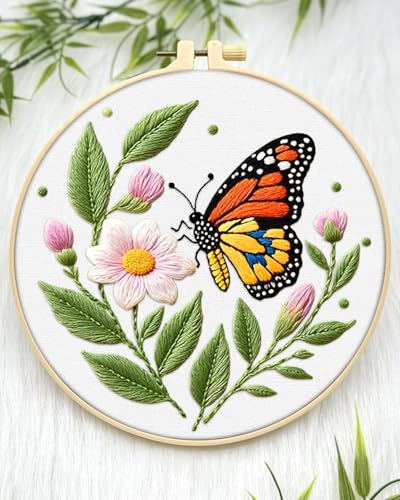 ERKOON Embroidery Kit for Beginners Adult, Flower Cross Stitch Set Include Embroidery Cloth Hoops Threads for Craft Lover Hand Stitch with Embroidery Skill Techniques (Butterfly) - color: Butterfly