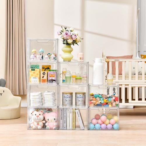 Freebat Stackable Storage Organizers, Clear Acrylic Display Case, 9-Pack Acrylic Boxes with Lids, Clear Storage Containers Storage for Handbags, Collectibles & Figures - size: 9pack