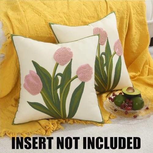 Embroidered Throw Pillow Covers 18x18 Pack of 2 Pink Tulip - color: Pink Tulip, size: 18" x 18" (Pack of 2)