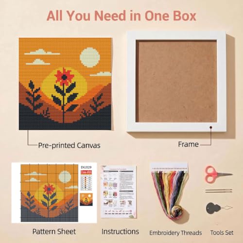 Sunset Floral Landscape Stamped Cross Stitch Kits for Adults with Framed - color: DKJ029