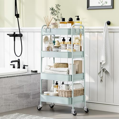 TOOLF 4 Tier Metal Rolling Cart, Utility Storage Cart with Wheels, Green - color: Green, size: 4-Tier