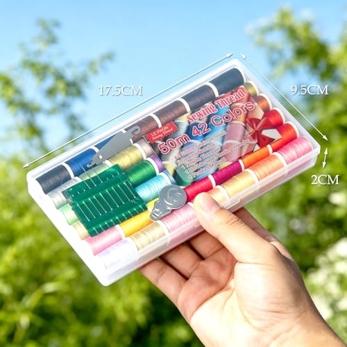 All Purpose Sewing Thread Set - 42 Assorted Rainbow Color Series and White Black Handy Polyester Thread Kit Includes 9 Hand Needles, 2 Needle Threaders, Suitable for Hand and Machine Sewing - color: 42 colors