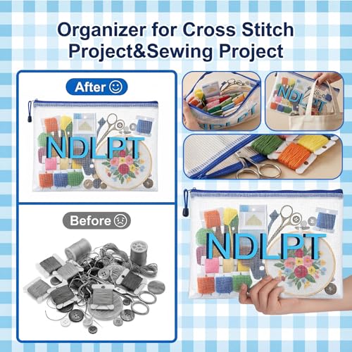 Sabary 2 Pcs Needlepoint Project Bag Clear Mesh Zipper Organizer, Blue - color: Blue