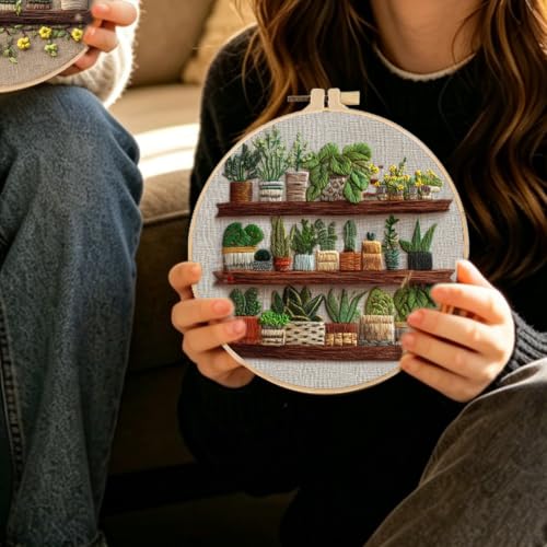 FONNUY Green Plant Embroidery Kit, Petite Potted Plants Patterns, Cross Stitch Kits for Adults and Beginners, Handmade Crafts with Printed Pattern Set, Thread Needlework, 8'' Hoop (Greeen A02) - color: Greeen A02