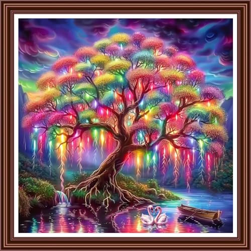 Dimensean Counted Cross Stitch Kit for Beginners, 11CT Unprinted Cross-Stitch Kit Easy Patterns Needlepoint Kit Cross Stitching Embroidery Kit Supplies-Colorful Tree of Life Swan 18x18 inch - color: ColornNEW24