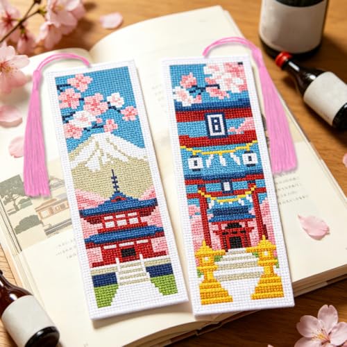ACRNIGHEET 6PCS Cross Stitch Bookmark Kit for Beginner Stamped Cross Stitch Kits for Adults Japanese DIY Tassel Embroidery Bookmark Kits Needlepoint Kit with Instructions Craft Gift 8.5''x3'' 11CT - style: Japanese with Tassel