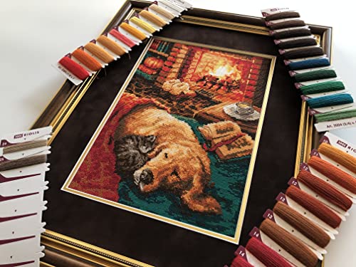 RIOLIS - By The Fireplace 2004, Dogs Cross Stitch Kits 8¼"x11¾, Counted Cross Stitch Kits, Counted Cross Stitch Kits for Beginners & Advanced, Cross Stitching Kits for Adults, Dog Embroidery Kit