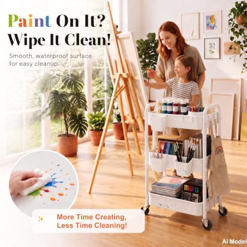 3 Tier Rolling Cart Metal with Wheels, White Three Tiered Carts on Wheels - color: Light White, size: 3 Tier + Cups + Hooks
