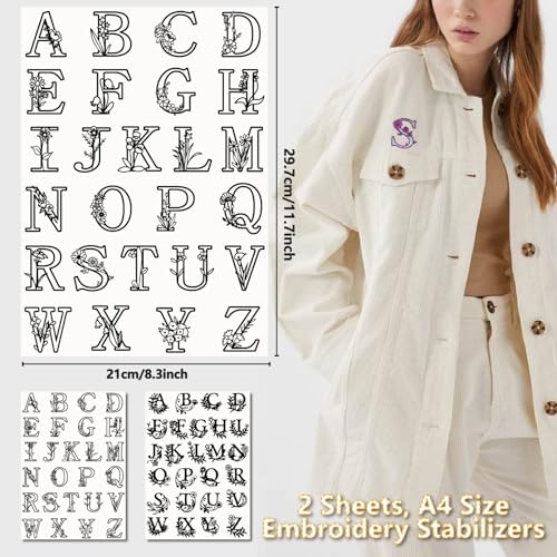 CRASPIRE 2 Sheets A-Z Letters Water Soluble Embroidery Stabilizers Alphabet 52Pcs Patterns Hand Sewing Stick and Stitch A4 Transfers Fabric Wash Away Pre-Printed Self Adhesive for Cloth Sewing Lovers - style: 2 Sheets A-Z Letters-029