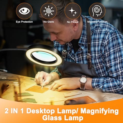 10X Magnifying Glass with Light and Timer, 2 in 1 Magnifying Desk Lamp, 3 Color Modes 10 Dimmable Brightness, Flexible Gooseneck Magnifier with Light for Craft Hobby Painting Sewing Close Work - size: 120MM