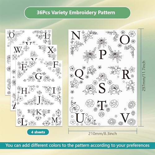 ORIGACH 4 Sheets Water Soluble Embroidery Patterns Stabilizers - Pre-Printed Letter & Flowers Designs - Stick & Stitch Embroidery Paper for Hand Sewing Lovers - color: Letter & Flowers