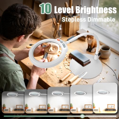 30X 10X Large Magnifying Glass with Light and Stand, 5-Inch Optical Grade HD Lens, 5 Color Modes Stepless Dimmable LED Desk Lamp, Hands Free Gooseneck Lighted Magnifier for Painting Close Work White - color: White