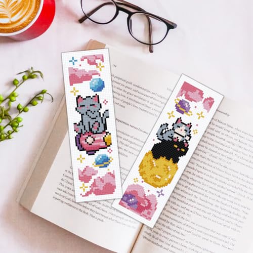 ORIGACH 6 Set Space Cat Cross Stitch Bookmark Kit for Beginner - style: Cats in Outer Space