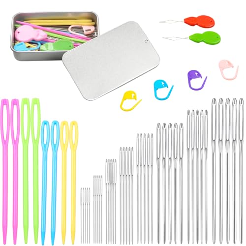 Eketirry 54 PCS Large-Eye Blunt Needles Kit, 8 Sizes Stainless Steel Yarn Knitting Sewing Kit, Crafting Weaving Stringing With Threaders and Stitch Markers (Sliver) - color: Sliver-54pcs