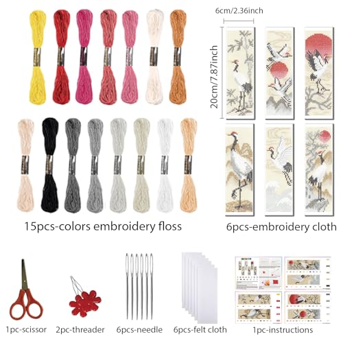 FREEBLOSS 6 Set Cross Stitch Bookmark Kit 11 CT Complete Stamped Cross Stitch Kit DIY Embroidery Bookmark Kits for Adult Beginners with Instructions, Crane Pattern, 6 x 20 cm/8" x 2.4" - style: Crane