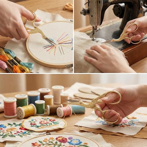 3 PCS Small Sharp Embroidery Scissors, Gold Stork Needlepoint Thread Snips with Cover, Yarn Scissors for Crocheting & Sewing