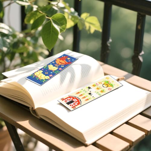 FREEBLOSS 6 Set Cross Stitch Bookmark Kit for Beginner Adults Farm Animal Stamped Embroidery Bookmark Kits Cross Stitch Kits with Instruction Bookmarks Making Kit for Book Lovers 8x2.4in/20x6cm - style: Goose&Barn&Blanket