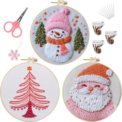 LB Pink Christmas Embroidery Kit for Beginners Adults, 3 Sets Hand Embroidery Starter Kit with Santa Pattern and Instructions Stamped Cross Stitch Kits Include Embroidery Hoop Needles Threads Scissors - color: Green White