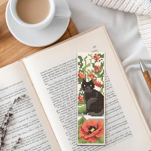 FREEBLOSS 6 Set 11CT Cross Stitch Bookmark Kits 8"x2.4" Cat&Flowers - style: Poppy&Cats