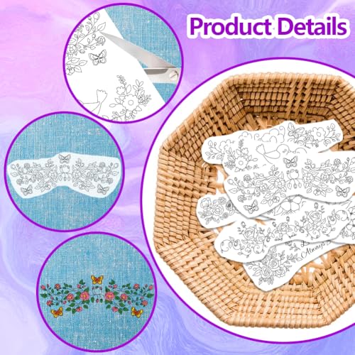ORIGACH 4 Sheets 16 Pcs Water Soluble Pillowcase Embroidery Patterns Stabilizers - Pre-Printed Floral Vines & Animals Designs - Stick & Stitch Embroidery Paper for Hand Sewing Lovers - color: Floral Vines & Animals
