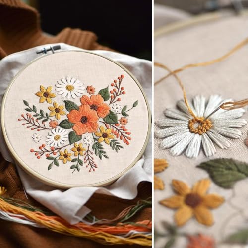 Arte Vita Embroidery Starter Kit Orange Flower Pattern Full Range DIY for Beginners - color: White-Orange