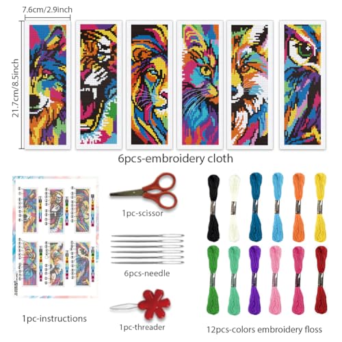 BEUNITONE 6 Pcs Cute Animals Cross Stitch Bookmark Kit for Beginner Cats Stamped Bookmarks Cross Stitch Kits with Instruction DIY Embroidery Bookmarks Cross Stitch Kits for DIY Crafts 8.5''x3'' - style: Painted Cat