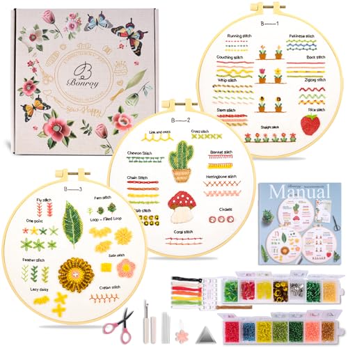 Bonroy Beginners Embroidery Practice kit 3 Sets to Learn 30 Different Stitches for Craft Lover Hand Stitch with Embroidery Fabric with Skill Techniques (BY-BD-S) - color: BY-BD-S
