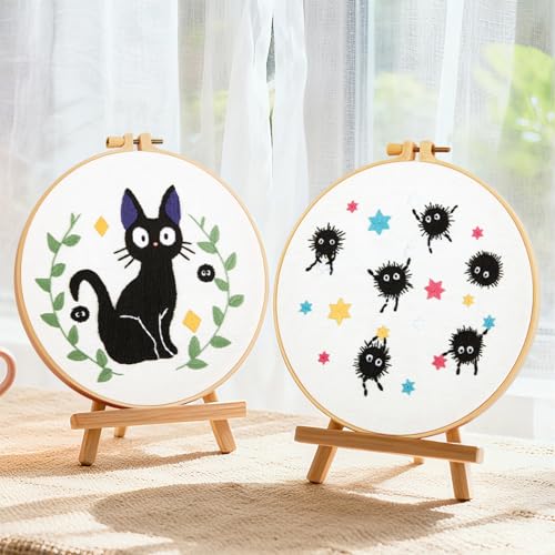 Cat Embroidery Starter Kit for Beginners Adults, Animal Stamped Cross Stitch Kit for Adult Beginner, Hand Embroidery Needlepoint Kits, 2 Set Embroidery Supply, 2 Hoops (Attached Video Tutorial) - color: Black Cat, size: 8inch