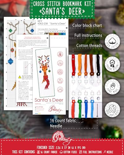 Povitrulya Santa's Reindeer - Counted Cross Stitch Bookmark Kit - DIY Embroidery Set - Hand Made Christmas Gift - color: Santa's deer