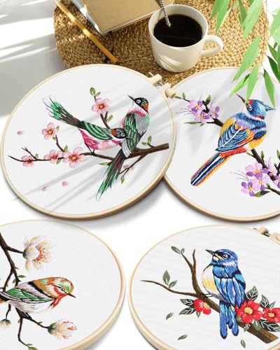 TINDTOP Embroidery Kit for Adults, Flowers and Bird Embroidery Practice Kits for Beginners Adults Include Embroidery Cloth Hoops Threads for Craft Lover Hand Stitch - color: Bird 4 Sets