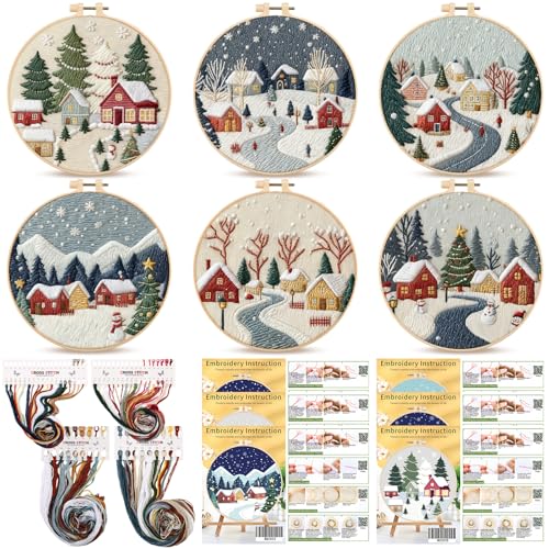 Peryiter 6 Sets Christmas Embroidery Kits for Beginners