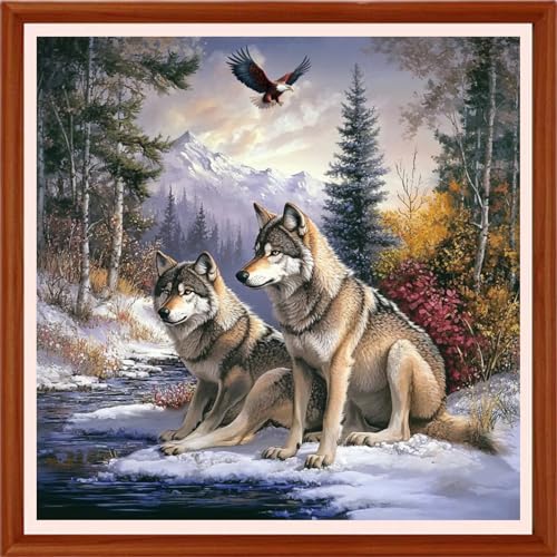Redxing Counted Cross Stitch Kit for Beginners,Unprinted Needlepoint Kits for Beginners Cross Stitching Embroidery Kit 11CT Stitches kit-Two Wolves in the Forest 18x18 inch - color: Setpattern33