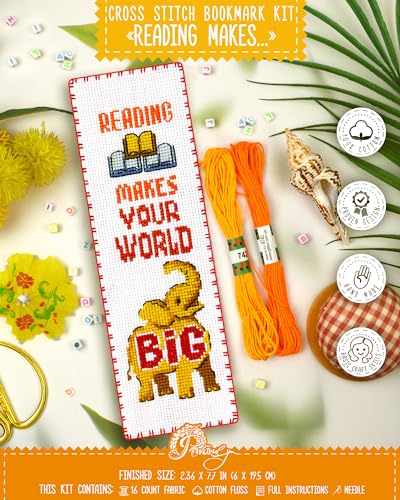 Povitrulya Counted Cross Stitch kit Reading Makes Your World Big - Embroidery Set for DIY Bookmark with 16 Count Blank Aida Fabric, Paper Pattern and presorted Floss - color: Reading Makes Your World Big