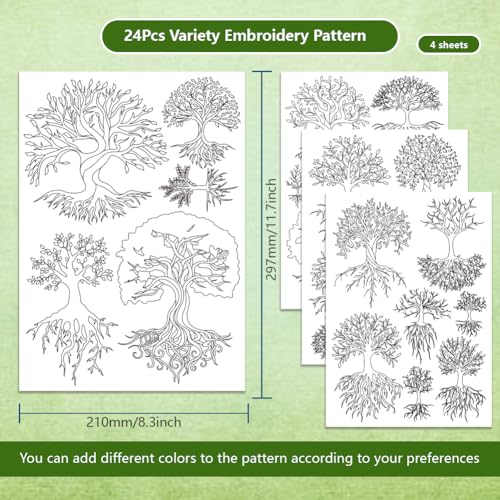 BENECREAT 4Sheets 24Pcs Trees Water Soluble Embroidery,11.7x8.3inch Branches Leaves Stick and Stitch Embroidery Paper Stabilizer for Shirts, Coats, Bags - color: Trees of Life