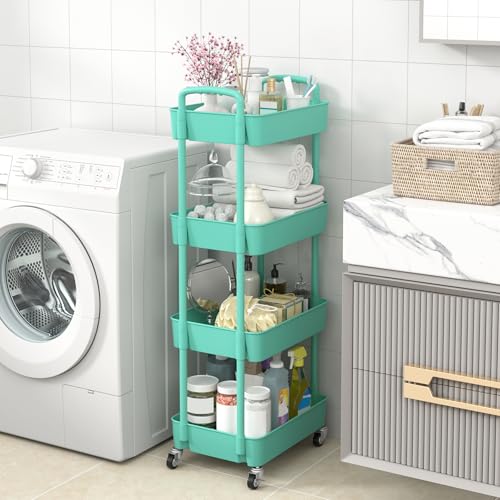 Sywhitta 4-Tier Plastic Rolling Utility Cart with Wheels for Storage,Green - color: Green, size: 4-tier