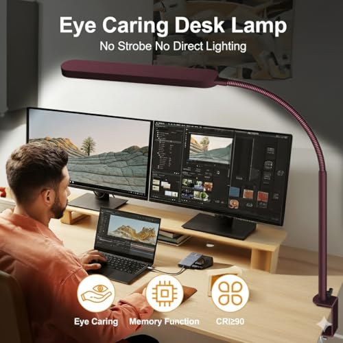 SKYLEO LED Desk Lamp - Desk Light for Home Office - Flexible Gooseneck - 5 Color Modes X 11 Brightness Levels - 1300LM - Timmer & Memory Function - 12W Clip on Light - Red - style: Red gooseneck