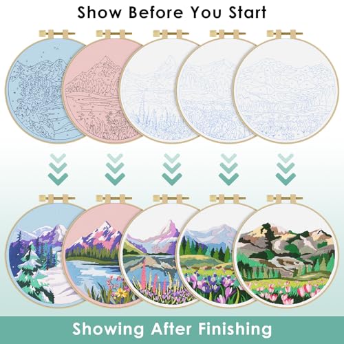 ERKOON Embroidery Kit for Beginners, 5 Sets Flower Cross Stitch Set for Adults Include Embroidery Cloth Hoops Threads for Craft Lover Hand Stitch with Skill Techniques (Landscape) - color: Landscapes