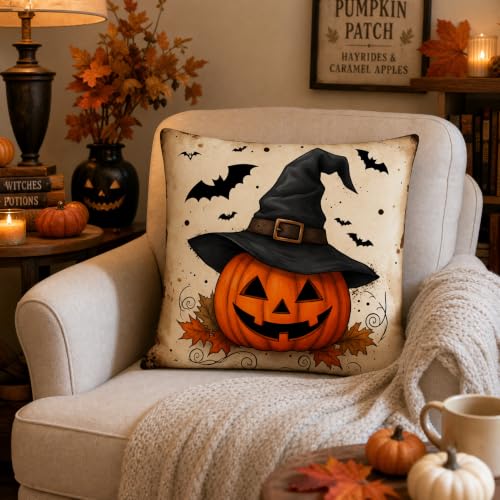 Halloween Witch Hat Pumpkin Bat Linen Pillow Cover 18x18 for Sofa - color: Pa10062, size: 18" x 18" (Pack of 1)