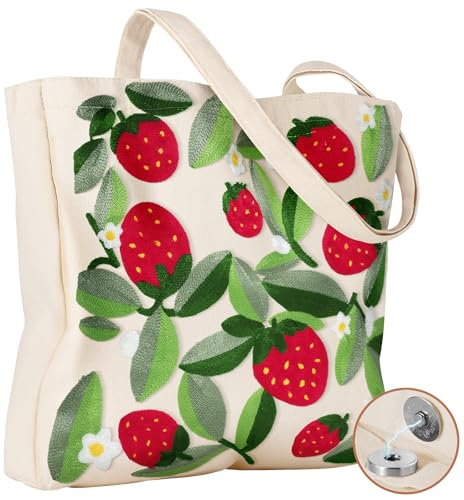 Miss Adola Lightweight Embroidery Canvas Tote Bag - color: Leaf Strawberry