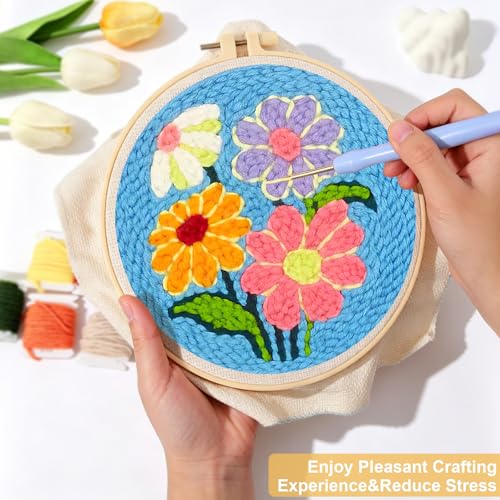 LACHLAND Punch Needle Kit for Beginners, Dasiy Punch Embroidery DIY Craft Supplies with Hoop Yarn & Tool Handmade Wall Art Gift for Adults Teens Seniors Hobby - color: Flower