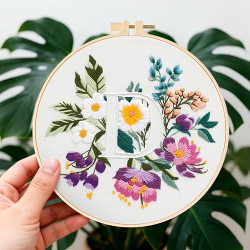 Zerzsy 7.87 '' Embroidery Kits Plant Flower Leaf English Letter Patterns for Beginners Adults, Easy to Learn Cross Stitch Kit for Home Office Decor - color: Letter D