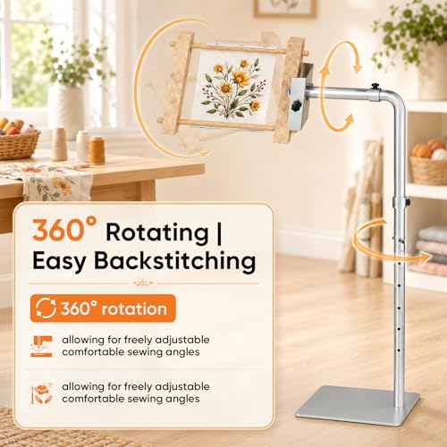 Workstand with Side Clamp, Adjustable Cross Stitch Floor Stand, Rotating Needlepoint Stand, Fits Lowery Stand, Q-Snap Frames and Scroll Rods Up to 20" Wide, Heavy Duty Metal Construction