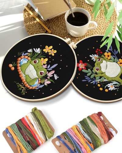 TINDTOP 2 Pack Embroidery Kit for Adult, Embroidery DIY Starter Kit, with Stamped Patterns, Hoop, Tools, Colorful Threads with Needles, Instructions (Frog) - color: Frog