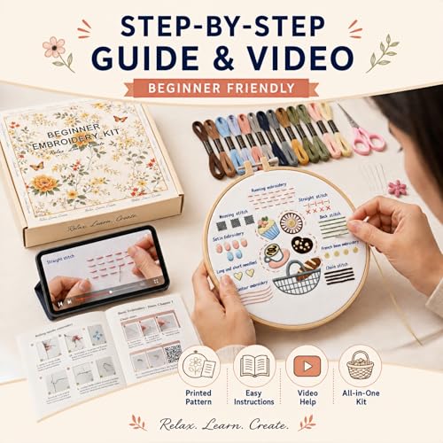 Ruyitycy Embroidery Kit for Beginners and Adults, Learn 21 Stitches with Video Tutorials, All-in-One Hand Embroidery Starter Set with Patterns, Hoop, Threads and Tools