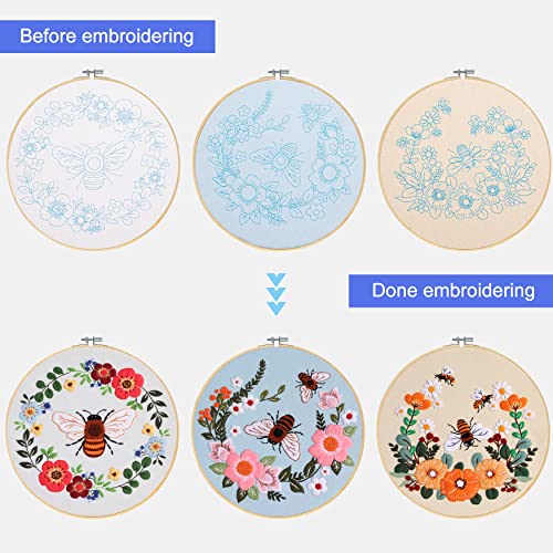 Santune 3 Pack Bee Embroidery Kit for Beginners Adult Cross Stitch Kits Hand Embroidery with Animal Patterns and Instructions,DIY Sets for Women with Hoop,Threads and Needles - color: Bee Series