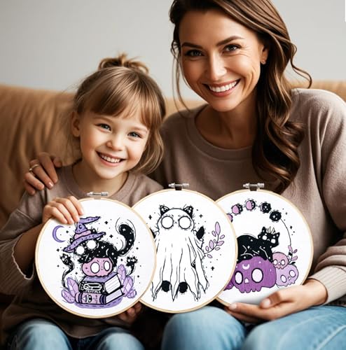 Crafmanoe Halloween Embroidery Kit for Beginners Adults, Skull Cat Stamped Cross Stitch Kit for Adult Beginner, Gothic Ghost Hand Embroidery Needlepoint Kits, 3 Set Embroidery Hoops and Video Tutorial - color: Purple