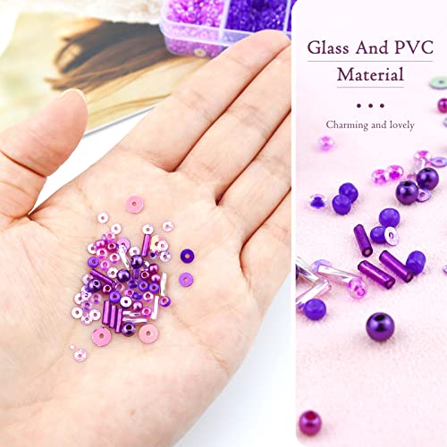 1 Box of Mixed Craft Beads Including Glass Bugle Seed Pearl Semi-Cupped Sequins Beads for DIY Arts Crafts Sewing Embroidery Clothing Jewelry Making (Purple, Assorted Size)